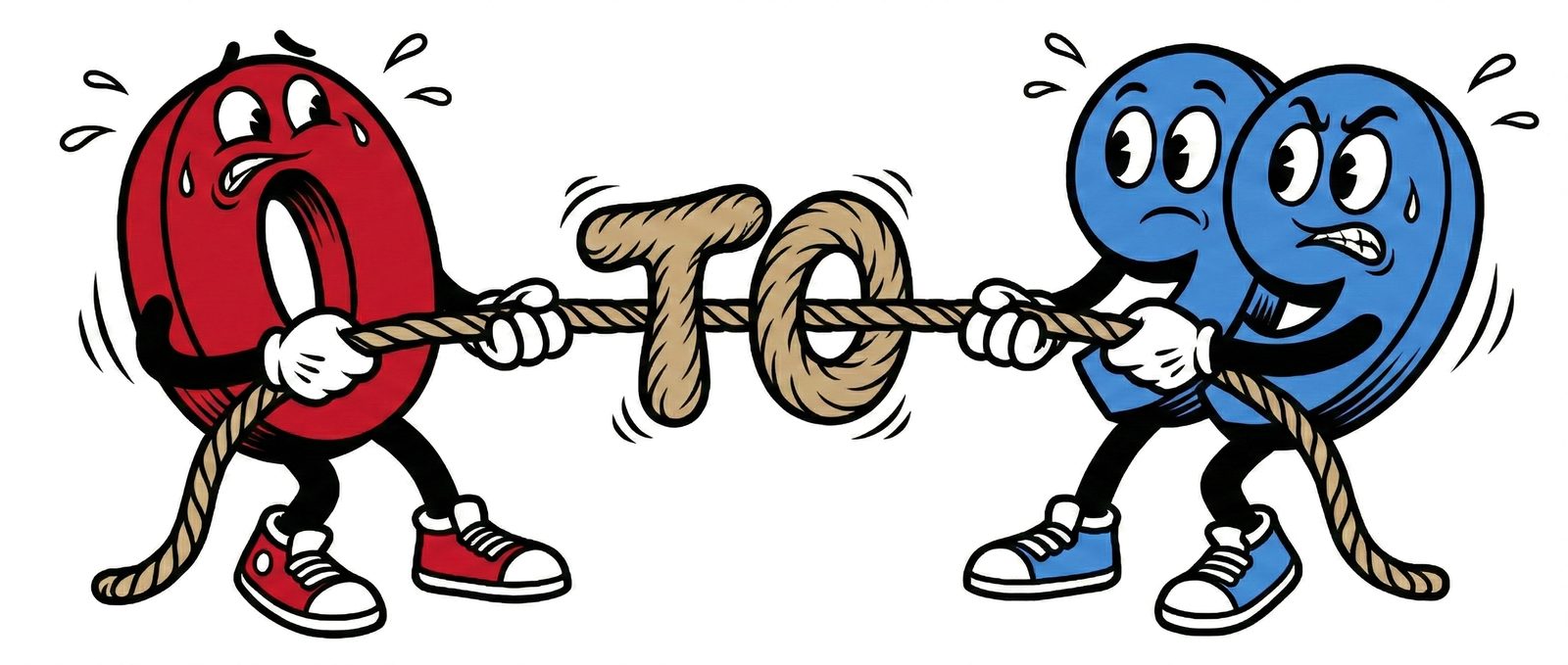 Cartoon tug-of-war: a red number 0 pulls a rope spelling TO against a blue number 99